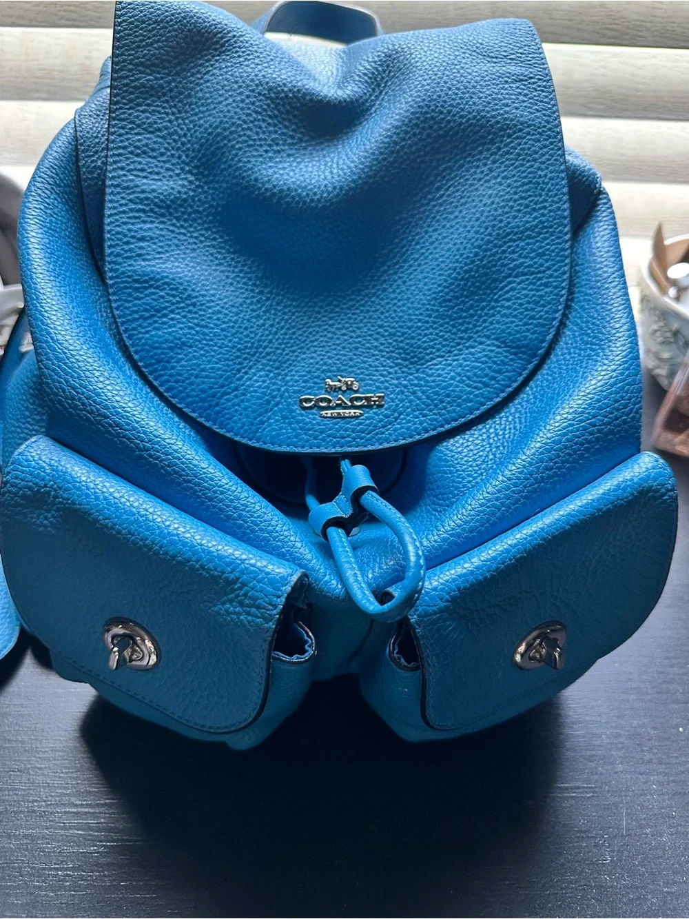 Coach Pebbled Leather Bright Blue Drawstring Backpack with Front Pockets
